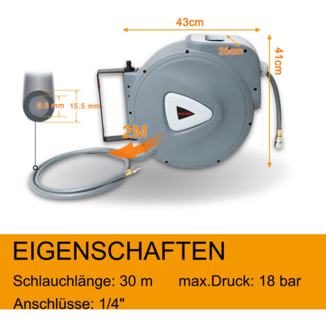 SWANEW Druckluftschlauch 30m Schlauchaufroller Aufroller Automatisch 8 Bar 14 Anschluss Schlauchtrommel Abroller Schlauchaufroller 82582702