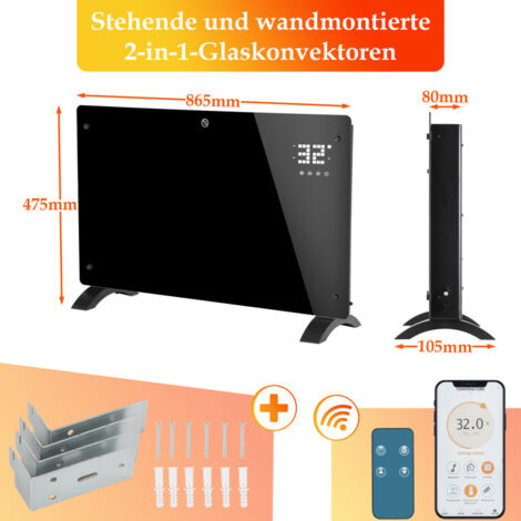 TolleTour 2000W Konvektor Elektroheizung Schwarz Glaskonvektor Wand