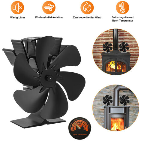 Froadp Kaminventilator 4 Flügel | Stromloser Ofenlüfter | Für Holzöfen & Kamine | Schwarz