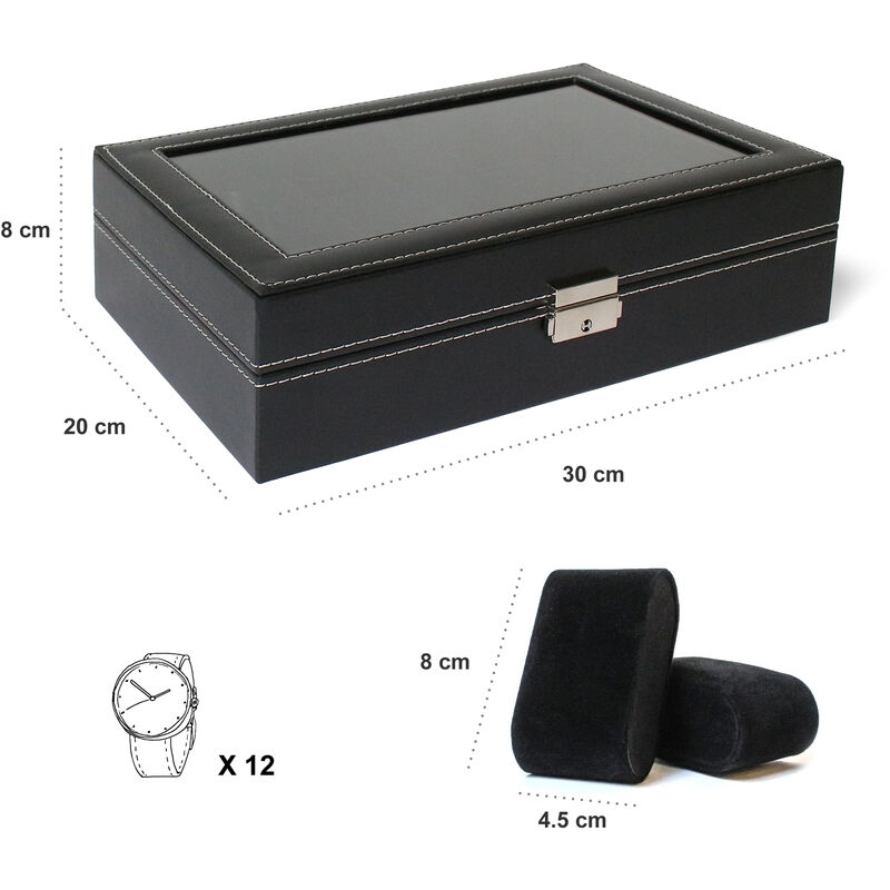 Todeco Porta Prologi, Porta Bracciali - Dimensione: 30 x 20 x 8 cm -  Materiale della Scatola: MDF - 12 Orologi ed espositore, Nero