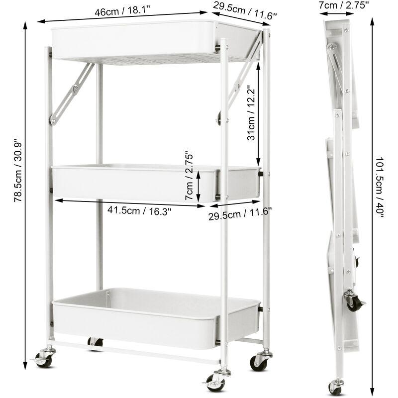 Todeco Carrello Portaoggetti a 3 Ripiani, Pieghevole Carrello da Cucina,  Carrellino Salvaspazio su Ruote, Carrello di Servizio, Multifunzionale Per  Cucina Ufficio Soggiorno, 46 *29.5 *78.5 cm, Bianco