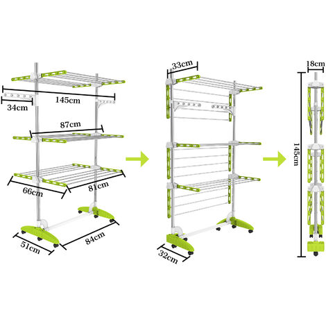 Stendibiancheria A Rotelle A Torre Verticale Stendino In Acciaio E ABS  Salvaspazio Con Ali Richiudibile 169 x 75.5 x 63.5 Cm 4 Piani Ripiani
