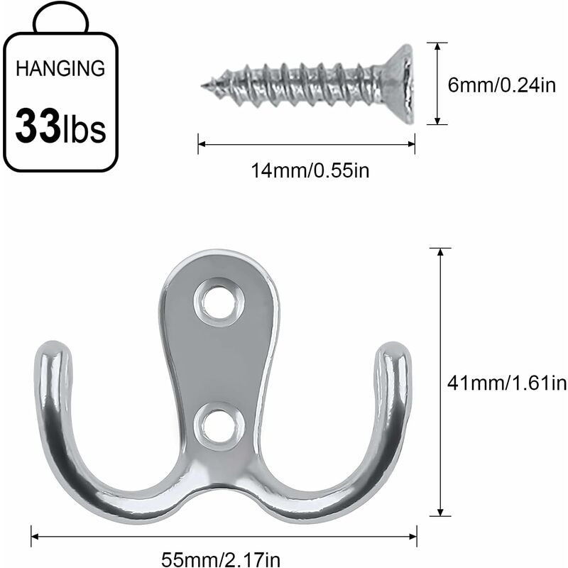 NORCKS 15 Pieces Double Prong Robe Hook Silver Metal Cloth Hanger Dual Coat  Hooks Wall Mounted with Screws for Coat, Scarf, Bag, Towel, Key, Cap, Cup,  Hat