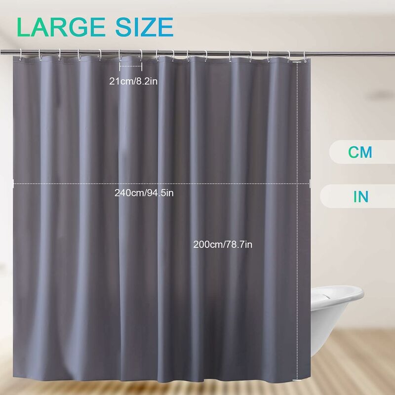 NORCKS Shower Curtain Mould Proof Mildew Resistant Waterproof Washable 94 x  78 Inch Grey EVA Bathroom Curtain Heavy Duty Extra Long Wide Bath Curtain  with Hooks for Wetroom 240 x 200 cm