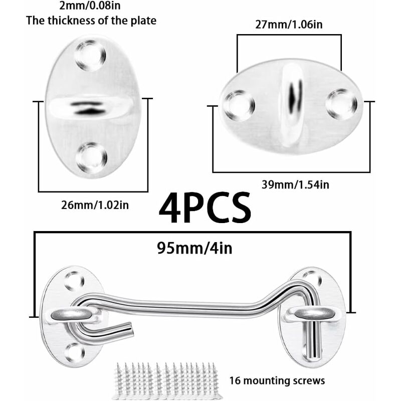 Generic Hook and Eye Latch, 2Pack 4 inch Heavy Duty Solid Stainless Steel Cabin Hooks for Barn Doors, Bathrooms, Doors and Windows, To, White