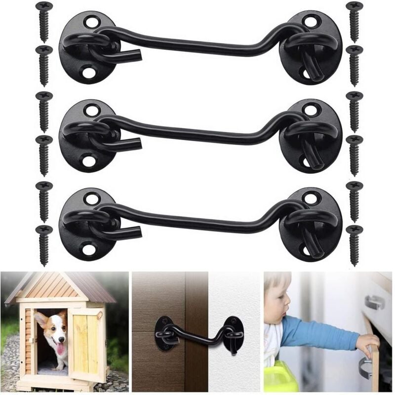 NORCKS Hook and Eye Latch 3 Pcs Stainless Steel Eye Latch Gate Hook Lock  Latches Heavy Duty for Cloakroom Laundry Room Window Closet Shed Doors  Cabinet Doors Or Garage Door with Mounting Screws(Black)
