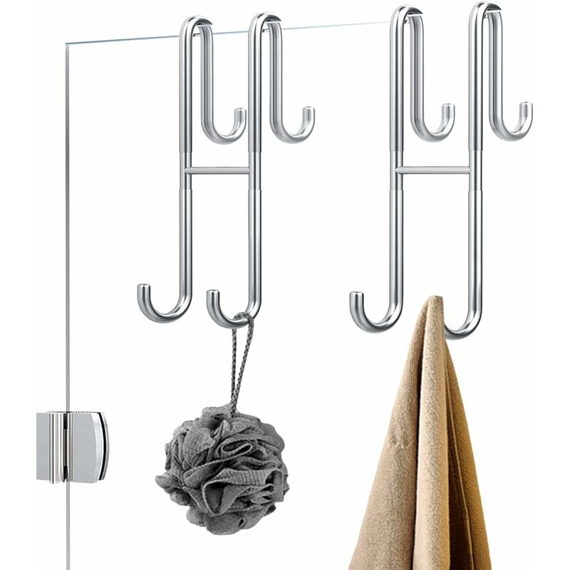 2Pack Shower Door Hooks, 304 Stainless Steel Towel Hooks for Bathroom  Frameless Glass Shower Door, Extended Double Shower Squeegee Hooks,  Bathrobes