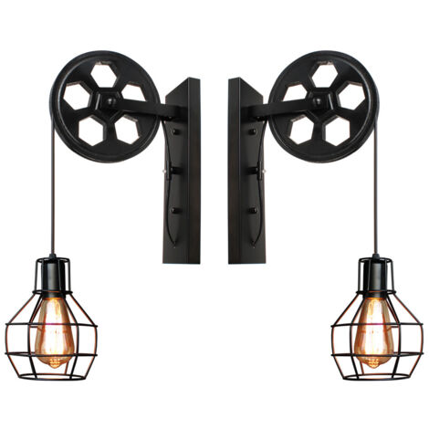 2X Vintage Wall Lights Creative Retro Industrial Wall Sconce Pulley Wall Light For Loft Aisle Corridor E27, Black