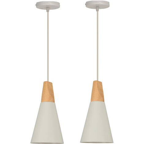 2X Modern Pendant Light White, Metal Wooden Lamp Shade, Nordic Pendant Lights Contemporary Style Pendant Lights Retro Hanging Lamp Bulb Not Included (1/5)