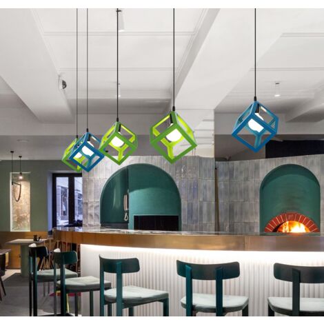 Modern Colorful Pendant Light Cube Shape Pendant Lights Vintage Retro Ceiling Lamp Blue