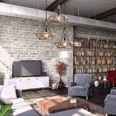 Hemp Rope Pendant Lights Retro Diamond 25CM Ceiling Light 3 Lights Industrial Pendant Light For Living Room Dining Room Bar Balcony Black