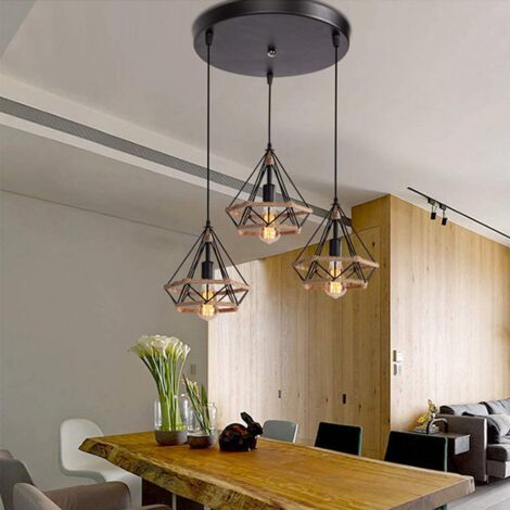 Hemp Rope Pendant Lights Retro Diamond 25CM Ceiling Light 3 Lights Industrial Pendant Light For Living Room Dining Room Bar Balcony Black