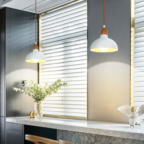 Retro Pendant Light E27 Wooden Pendant Light, Metal Lampshade Ø19CM, Modern Ceiling Light For Dining Room Bedroom Cafe, White