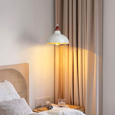 Retro Pendant Light E27 Wooden Pendant Light, Metal Lampshade Ø24CM, Modern Ceiling Light For Dining Room Bedroom Cafe, White