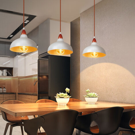 Retro Pendant Light E27 Wooden Pendant Light, Metal Lampshade Ø24CM, Modern Ceiling Light For Dining Room Bedroom Cafe, White
