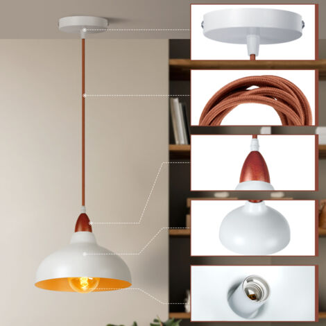Retro Pendant Light E27 Wooden Pendant Light, Metal Lampshade Ø24CM, Modern Ceiling Light For Dining Room Bedroom Cafe, White