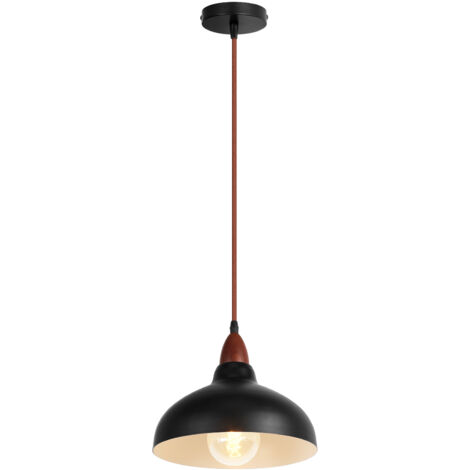 Retro Pendant Light E27 Wooden Pendant Light, Metal Lampshade Ø24CM, Modern Ceiling Light For Dining Room Bedroom Cafe, Black