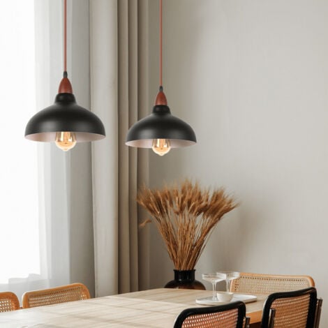 Retro Pendant Light E27 Wooden Pendant Light, Metal Lampshade Ø24CM, Modern Ceiling Light For Dining Room Bedroom Cafe, Black
