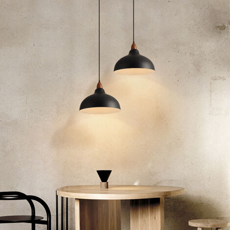 Retro Pendant Light E27 Wooden Pendant Light, Metal Lampshade Ø24CM, Modern Ceiling Light For Dining Room Bedroom Cafe, Black