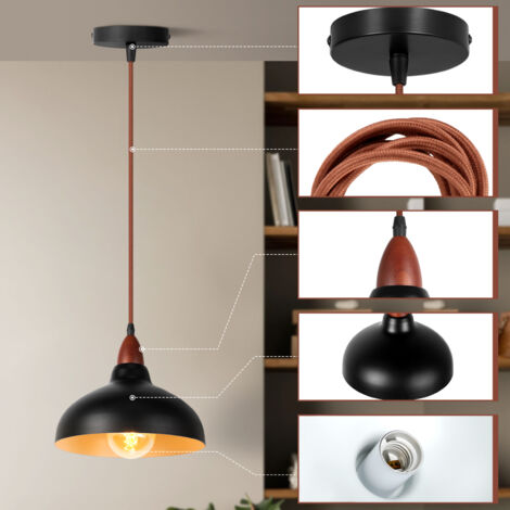 Retro Pendant Light E27 Wooden Pendant Light, Metal Lampshade Ø24CM, Modern Ceiling Light For Dining Room Bedroom Cafe, Black