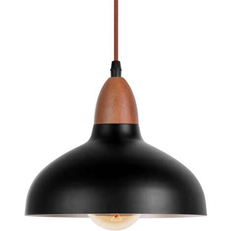 Retro Pendant Light E27 Wooden Pendant Light, Metal Lampshade Ø19CM, Modern Ceiling Light For Dining Room Bedroom Cafe, Black