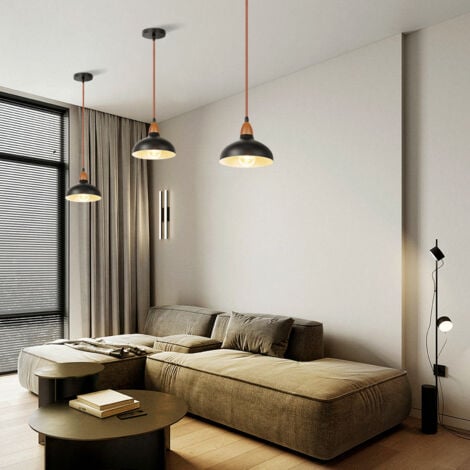 Retro Pendant Light E27 Wooden Pendant Light, Metal Lampshade Ø19CM, Modern Ceiling Light For Dining Room Bedroom Cafe, Black