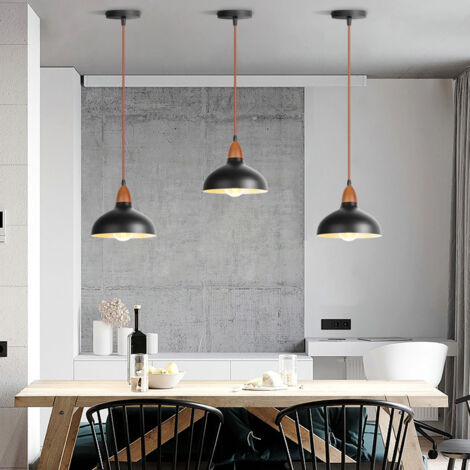 Retro Pendant Light E27 Wooden Pendant Light, Metal Lampshade Ø19CM, Modern Ceiling Light For Dining Room Bedroom Cafe, Black