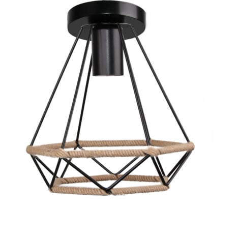 Industrial Ceiling Light Retro Vintage Ceiling Lights 20CM Diamond Metal Cage Iron Chandelier Hemp Rope Ceiling Light For Living Room Bedroom Black