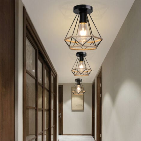 Industrial Ceiling Light Retro Vintage Ceiling Lights 20CM Diamond Metal Cage Iron Chandelier Hemp Rope Ceiling Light For Living Room Bedroom Black
