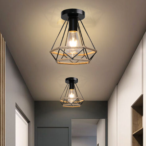 Industrial Ceiling Light Retro Vintage Ceiling Lights 20CM Diamond Metal Cage Iron Chandelier Hemp Rope Ceiling Light For Living Room Bedroom Black