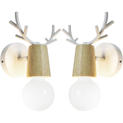 2PCS Nordic Wall Sconce Simple Design Deer Wall Lamp Antlers Wooden Wall Light For Bedroom Living Room Children Room (White) (1/5)