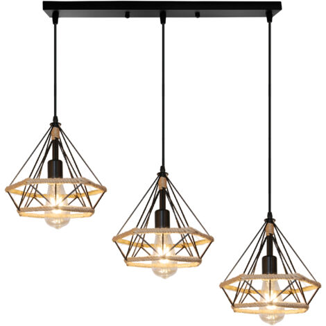 25CM Retro Industrial Chandelier Diamond Ceiling Light Hemp Rope Pendant Light Black 3 Lights (1/5)