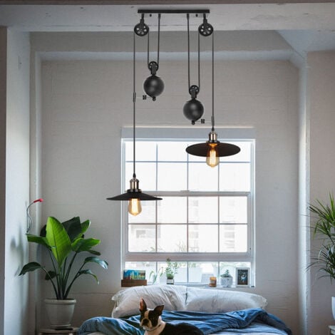 Retro Antique Chandelier Vintage Nostalgia Pendant Light Metal 2 Heads Ceiling Light Black E27 Industrial Pulley Pendant Lights