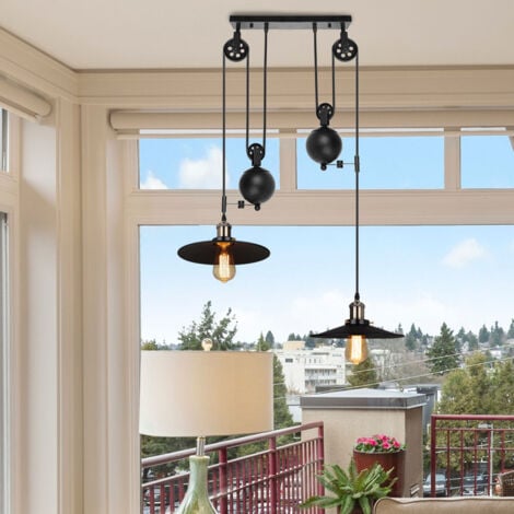 Retro Antique Chandelier Vintage Nostalgia Pendant Light Metal 2 Heads Ceiling Light Black E27 Industrial Pulley Pendant Lights