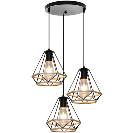 Retro Industrial Chandelier Hemp Rope Diamond Ceiling Light Black Nostalgia Classic Pendant Light 3 Heads For Bedroom 20Cm (1/5)