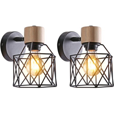 (2X) Retro Wall Lights Modern Nordic Wall Lamp Wood Metal Wall Sconce Cage Vintage Wall Light E27 (Black)