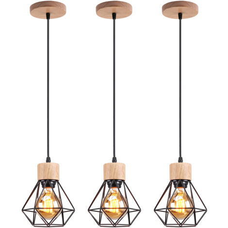 Retro Pendant Light Vintage Pendant Light Black Modern Ceiling Light Indoor Pendant Light Metal Wood Pendant Lights (3PCS)