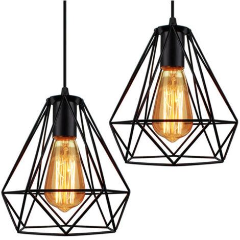 2PCS Metal Diamond 20CM Chandelier Industrial Vintage Pendant Light Modern Rustic Ceiling Light For Cafe Dining Indoor Decoration Black E27 (1/5)