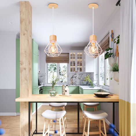 Retro Pendant Light Vintage Pendant Light White Modern Ceiling Light Indoor Pendant Light Metal Wood Pendant Lights (2PCS)