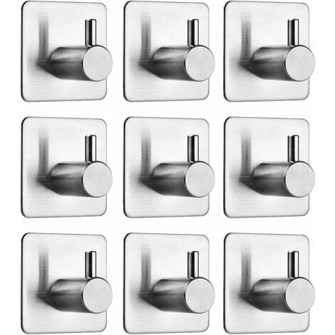 NORCKS Self Adhesive Hooks, 9 Pack Stainless Steel Stick on Wall Door Tower  Hook for Kitchen Bathroom Office Uses, Water and Rust Proof Coat Hook  Without Drilling (Silver)
