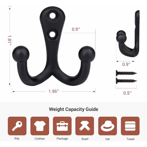 Dual Prong Coat Hooks Wall Mounted Retro Double Hooks Utility Black Hook  for Coat Scarf Bag Towel Key Cap Cup Hat 80mm x 