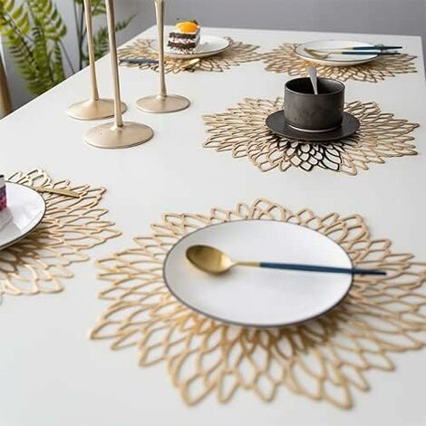 6 Pack 15 Rose Gold Metallic Non-Slip Placemats, Wheat Design Round Vinyl Table  Mats