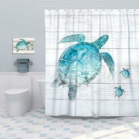 NORCKS Beach Shower Curtain Teal Sea Turtle Coastal Theme Bathroom Curtains  Blue Ocean Sea Animals Bath