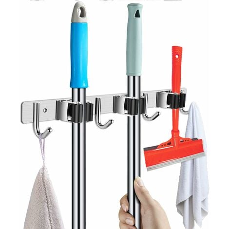 1pc Wall Mounted Aluminum Mop Holder With 2 Clips And 3 Hooks