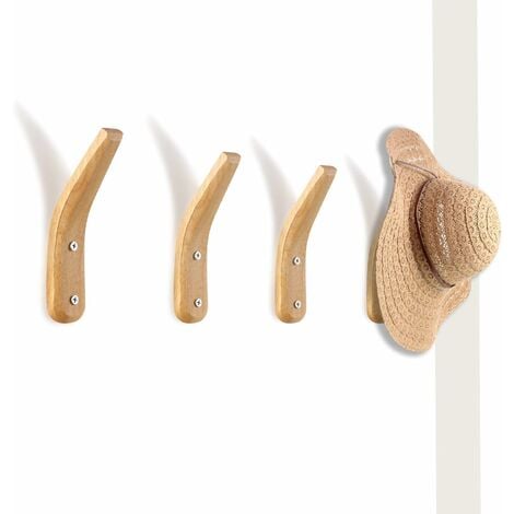 NORCKS 4 Pieces Wooden Coat Hooks Wall-Mounted Natural Wood Wall