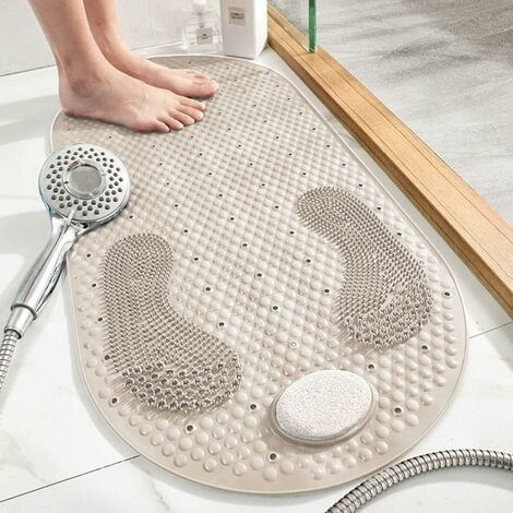 Shower Mat Non-Slip Bathtub Bath Mat Foot Mat With Removable Pumice Stone,  With Suction Cups (Gray)