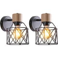 (2X) Retro Wall Lights Modern Nordic Wall Lamp Wood Metal Wall Sconce Cage Vintage Wall Light E27 (Black)