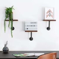 NORCKS Industrial Pipe Shelf Set - 3 Small Wooden Shelves with Black Pipe Shelf Brackets - 15x20cm Wall-Mounted Wood Shelving - Size S, Dark Brown