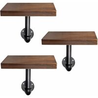 NORCKS Industrial Pipe Shelf Set - 3 Small Wooden Shelves with Black Pipe Shelf Brackets - 15x20cm Wall-Mounted Wood Shelving - Size S, Dark Brown