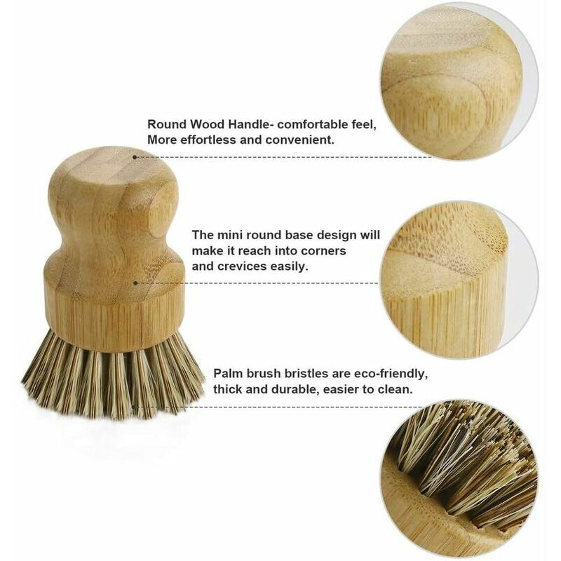 Palm Pot Brush- Bamboo Round 3 Packs Mini Dish Brush Natural Scrub Brush  Durable Scrubber Cleaning Kit with Union Fiber and Tampico Fiber for  Cleaning
